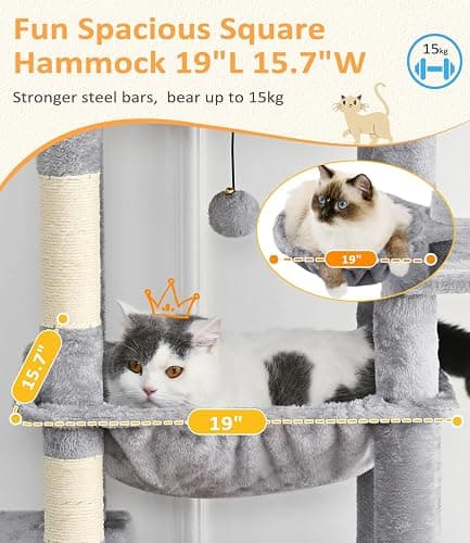 ABCPET Cat Tree Large Cat Tower Tree 68" Multi-Level Cat Tower for Indoor Cats with Sisal Scratching Posts, Widen Cat Perche, Square Hammock, 2 Widen Condos, Scratching Posts, Light Grey thumbnail 3