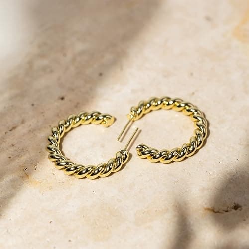 PAVOI 14K Gold Plated 925 Sterling Silver Twisted Rope Round Hoop Earrings in Rose Gold, White Gold and Yellow Gold thumbnail 5