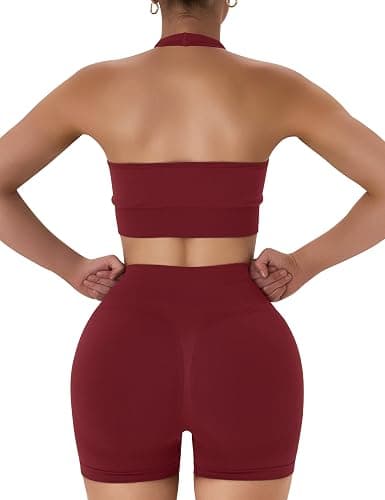 OLCHEE Workout Sets for Women 2 Piece Backless Halter Sports Bra High Waist Booty Shorts Yoga Gym Outfits Lounge Activewear thumbnail 6