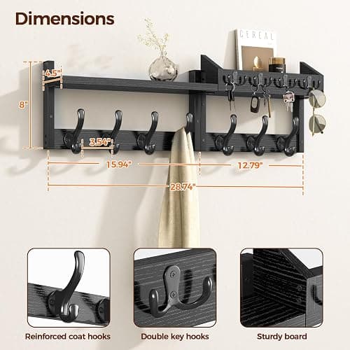 Evermagin 29" Coat Rack Wall Mount with Shelf, 4 in 1 Coat and Key Hanger with 11 Metal Hooks, Entryway Wall Mounted Shelf with Mail Holder for Living Room, Bedroom, Black thumbnail 2