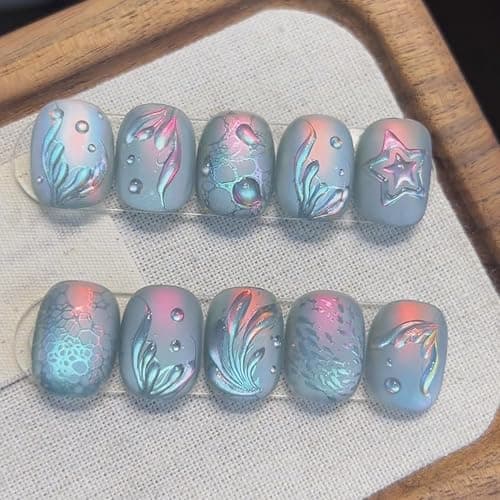Summer Press on Nails Short Square Fake Nails Blue Chrome False Nails Press ons with Sea Waves Ocean 3D Design Glue on Nail Beach Matte Artificial Acrylic Nails for Women Girls Manicure Deco - Image 1