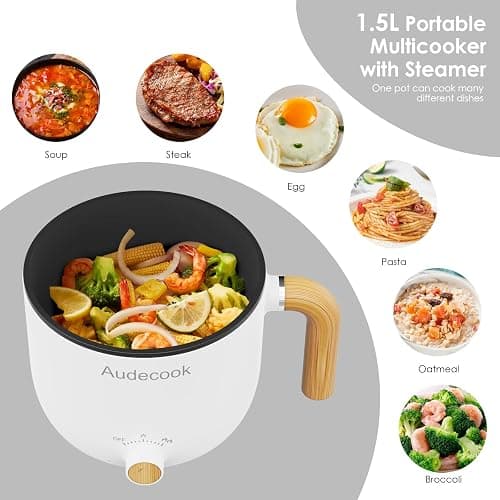 Audecook Hot Pot Electric with Steamer, 1.5L Portable Nonstick Rapid Noodles Cooker, Travel Electric Skillet with Dual Power Control for Ramen/Pasta/Soup/Steak/Egg/Oatmeal (White) thumbnail 4