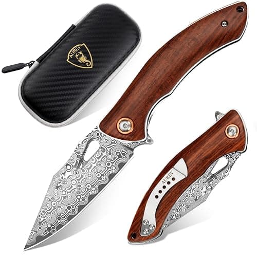 AUBEY Damascus Folding Knife with Clip, Pocket Knife with Wood Handle, EDC Knife for Outdoor Hiking Camping Collection (3.19" Blade) - Image 1
