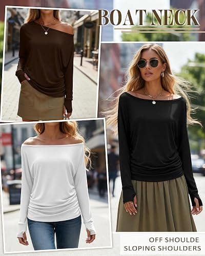 Huukeay 3 Pack Off The Shoulder Boat Neck Tops for Women, Long Sleeve Thumbhole Side Ruched Shirts Loose Causal Tunic Tees thumbnail 2