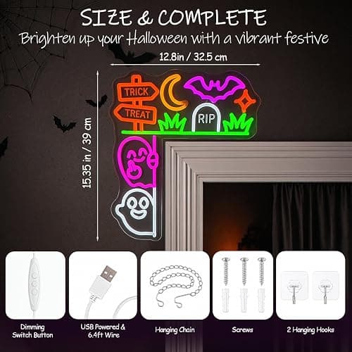 Halloween Neon Sign,Corner Ghost Decor,L-Shaped,15.7 * 12.9inch,USB Powered | Halloween Ghost Light, Hanging Sign for Window/Wall/ Door,Halloween Decorations with Bat/Moon/Cobweb, No Batteries Required thumbnail 3