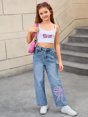 WDIRARA Girl's Bow Print Back Zipper Fly Elastic High Waist Denim Pants Basic Wide Leg Jeans thumbnail 3