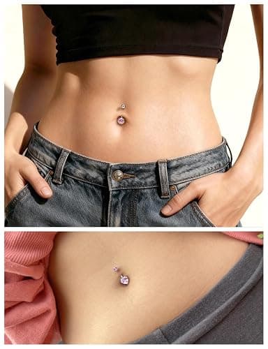 Gnznzko 14G Belly Button Ring Piercing Surgical Steel Clear Pink CZ Dangling Floating Navel Rings 10MM Length Hypoallergenic Heart Flower Butterfly Belly Piercing Jewelry for Women Men Silver Gold thumbnail 4