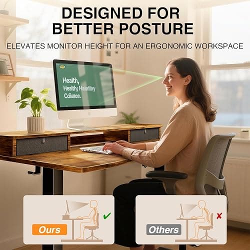 Veken 47.2"×27.6" Standing Desk with Storage Drawers, Adjustable Height Computer Table with Monitor Shelf, Home Office Desk for Study, Gaming, Workstation, Brown thumbnail 7