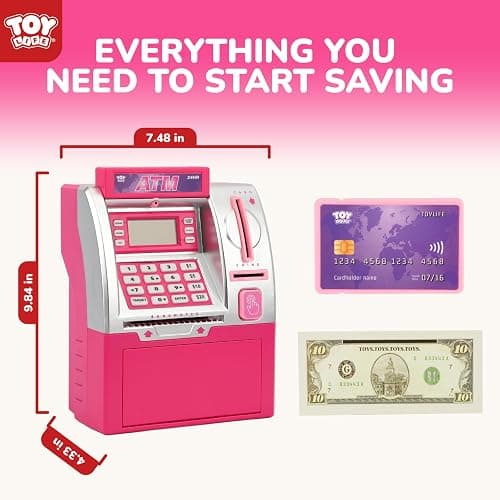 TOY Life Pink Kids ATM Piggy Bank, Money Counter, Ages 5-10 | LCD display screen, code-lock security, teaches counting & saving skills, builds number recognition thumbnail 4