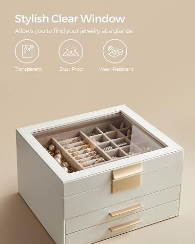 SONGMICS Jewelry Box Organizer, 3-Layer Storage with 2 Drawers, Glass Lid | Jewelry Organizer for Earrings, Modern Style, 8 x 9.1 x 5.3 Inches, Cloud White and Gold, GISELLA Collection UJBC239WT thumbnail 5