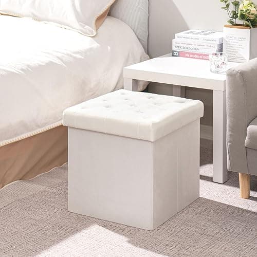 B FSOBEIIALEO Storage Ottoman Velvet Tufted Folding Ottomans Footstool Rest Seat with Removable Lid (White, Medium) thumbnail 7