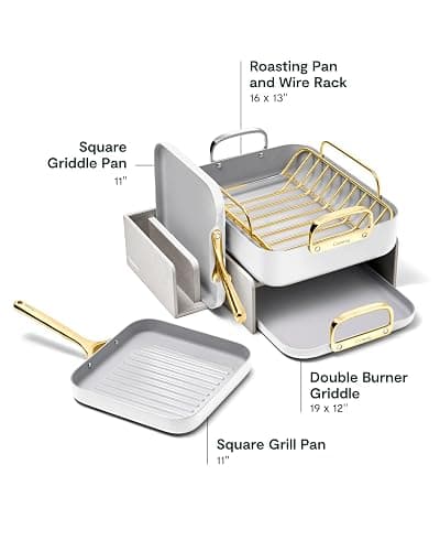Caraway Square Cookware Set - Square Pans Set - Perfect for Griddling, Toasting, Searing, Roasting, and More - Non-Stick Ceramic Coated Pans - Non Toxic, PTFE & PFOA Free - White thumbnail 3