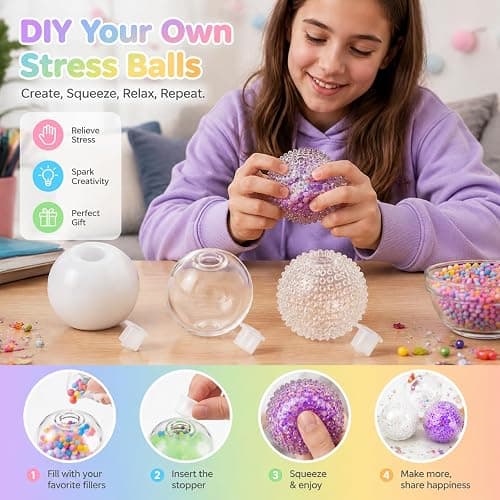 DIY Stress Ball Making Kit -15 Pcs Empty TPR Skins with 4 Types of Fillers, Expander and Vacuum Tool Squishy Maker Set for ASMR Sensory Relief Customizable Fidget Toy for Adult Office & Anxiety thumbnail 7