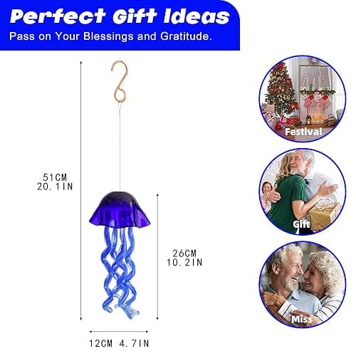20Inch Art Blown Glass Jellyfish Wind Chime,Handmade Glass Jellyfish Hanging Sun Catcher Wind Chime,Wind Chimes for Outdoor,Animal Glass Blown Wind Chimes for Garden Yard Wedding Decor(Royal Blue) thumbnail 3
