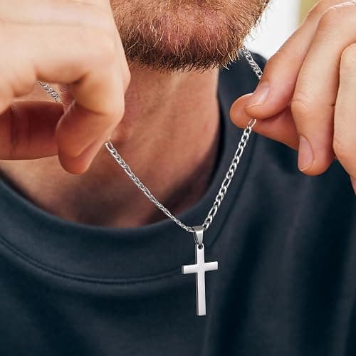 LUXEJEW Cross Necklace for Men - Silver/Gold/Black Stainless Steel Cross Pendant Necklace Figaro Link Chain 16-24 Inches thumbnail 4