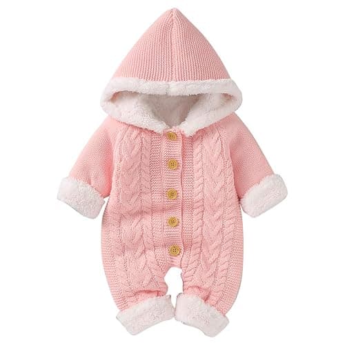Haokaini Neugeborene Baby Kapuze Strick Strampler Fleece Pullover Wärmer Schneeanzug Overall Overalls Onesies Baby Winter Oberbekleidung für Jungen Mädchen - 3-6 Monate - Rosa - Image 1