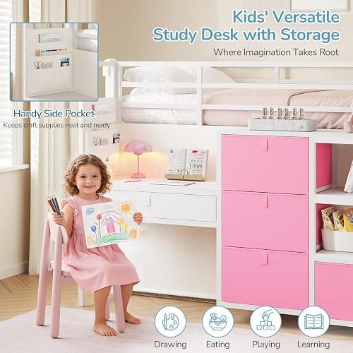 Low Loft Bed Twin Size with Desk, 6 Storage Drawers & Bookshelf, Kids Loft Bed with LED Lights & Under-Bed Play Space, Heavy Duty Metal Bed Frame with 13.8"H Safety Guardrail & Ladder, White and Pink thumbnail 3