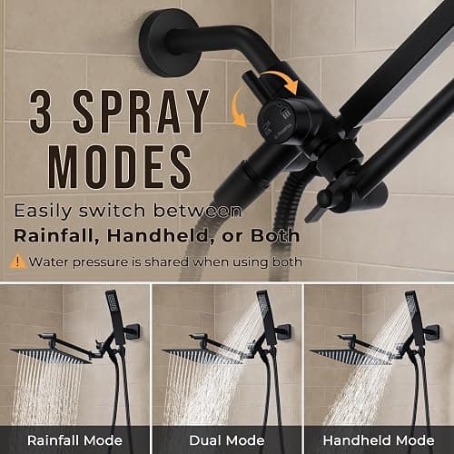 G-Promise All Metal 10" Dual Square Shower Head Combo | Rain Shower Head | Handheld Shower Wand | Adjustable | 3-Way Diverter | 71" Extra Long Hose - A Bathroom Upgrade (Matte Black) thumbnail 4