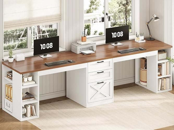SEDETA Farmhouse 96.5" Computer Desk with Drawers, 2 Person Home Office Desk, Gaming Double Desk with Storage Shelves, Long Two Person Writing Desk (White and Brown) thumbnail 7