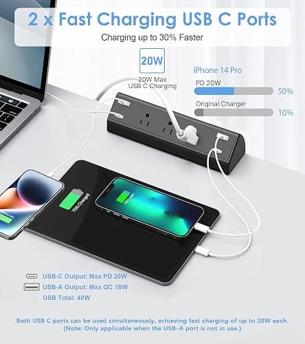 Jgstkcity Desk Clamp Power Strip,40W Total Fast Charging Station,2 PD 20W USB C Ports,Desk Edge Mount Surge Protector for Home, Office,3 Outlets,Fit 1.96" Tabletop Edge,ETL Listed thumbnail 3