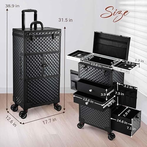 Joligrace Cosmetology Case on Wheels, Rolling Makeup Case for Hairstylists & Makeup Artists， Lockable Professional Make up Case Salon Trolley Cart with Hairdryer Holder for Salon/Barber/Travel, Black thumbnail 2