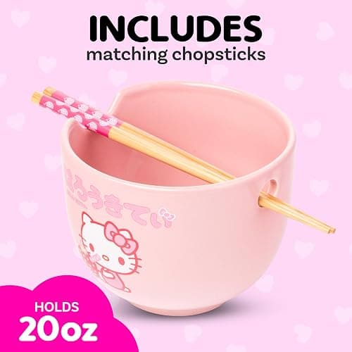 Silver Buffalo Sanrio Hello Kitty Strawberry Milk Japanese Character Ceramic Ramen Noodle Rice Bowl with Chopsticks, Microwave Safe, Pink, 20 Ounces thumbnail 4