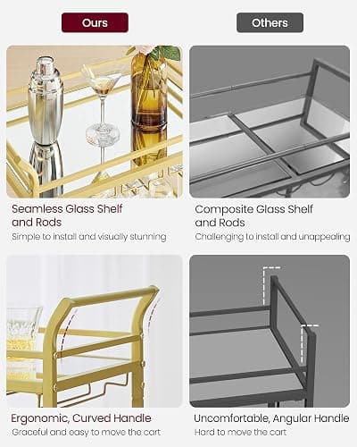 VASAGLE Bar Cart, Home Bar Serving Cart, Small Bar Serving Cart with 3-Tier Shelf, Wine Holders, Glass Holders, Mini Bar Cart for Small Spaces, Kitchen, Dining Room, Living Room, Pale Gold thumbnail 8
