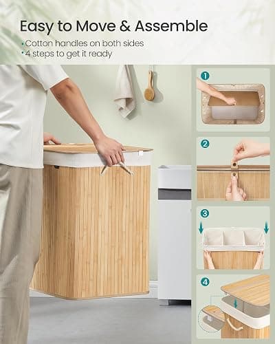 SONGMICS Laundry Basket with Lid, 150 L Bamboo, 3 Compartments | Laundry Hamper, Foldable, Removable and Machine Washable Liner Bag, for Laundry Room, Natural, RONEX Collection LCB091N01 thumbnail 6