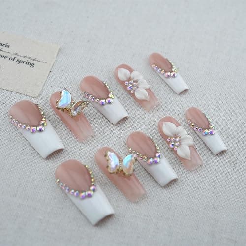Luxury Handmade Press on Nails - Long Square White French Tips Press on Nai,l with Almond 3D Rhinestones, Flowers & Butterflies, Acrylic Multi-Layer Gel False Nails for Women (10Pcs) thumbnail 4