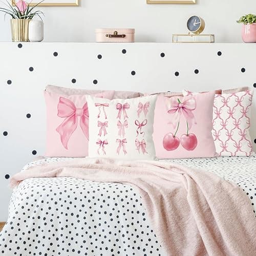 Lebsitey 4Pcs 18×18 Cherry Pillow Covers, Pink Bow Pillow Covers, Girls Room Decorative Pink Pillow Cover for Home Bedroom Living Room Decor Valentine's Day Gift thumbnail 5