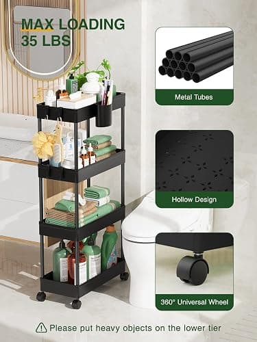 LEHOM Slim Rolling Storage Cart - 4 Tiers Bathroom Organizer Utility Cart Slide Out Storage Shelves Mobile Shelving Unit for Kitchen, Bedroom, Office, Laundry Room, Small Narrow Spaces（7.1" W+Black） thumbnail 6