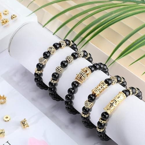 King Crown 40pc Round Zircon Rhinestone Beads Tube - Cubic Zirconia Diamond Cut Cube Spacer Beads for Jewelry Making Bracelet Connector DIY (Gold, Black Rhinestone) thumbnail 6