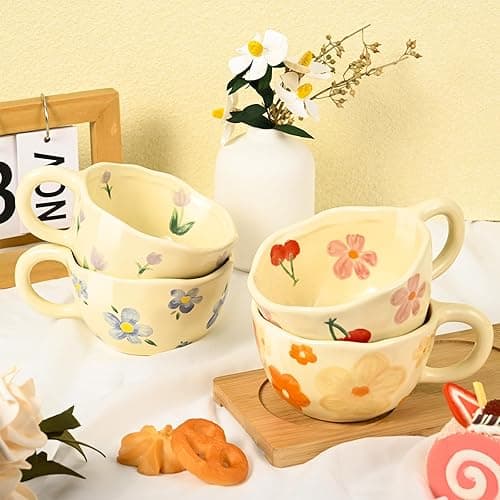 MAKCNMYM Ceramic Coffee Mug Vintage Flower Mugs 8 oz Cute Floral Coffee Mugs Irregular Latte Art Cup Lead-free Porcelain Cups for Cappuccino, Cocoa (4 Pack) thumbnail 5