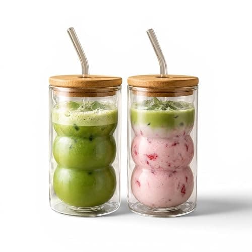 HAPPY PATH & CO. 2 Double Wall Glass Cups with Lids and Straws 16oz (480ml) - Glasses Drinking Set | Glass Tumbler with Bamboo Lid | Ribbed Bubble Glass Cups for Matcha, Coffee and Other Smoothies - Image 1