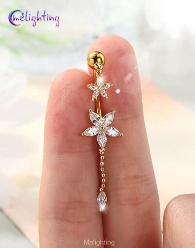 Melighting 14G Lotus Belly Button Ring Dangle Navel Ring Surgical Steel | 316L Reverse Belly Piercing Jewelry AAA Cubic Zircon, 10 mm Silver Gold Double Flower Barbell Bar Body Jewellery for Women thumbnail 2
