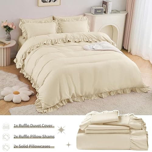 Horbaunal 5 Pcs Cream Ruffle Duvet Cover Full Size Soft Microfiber Shabby Chic Ruffled Duvet Cover Set, Vintage French Country Ruffle Bedding Set with Zipper Closure & Corner Ties, 80" x 90" thumbnail 4