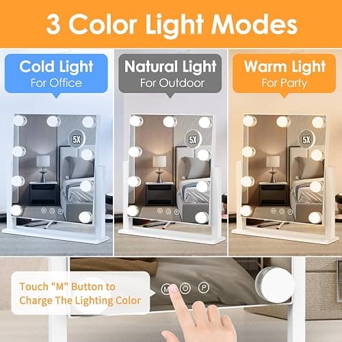 Vanity Mirror with Lights, Hollywood Lighted Makeup Mirror with 3 Color Lighting Modes and 9 Dimmable Bulbs, Detachable 5X Magnification, Smart Touch Control, 360°Rotation, White thumbnail 4