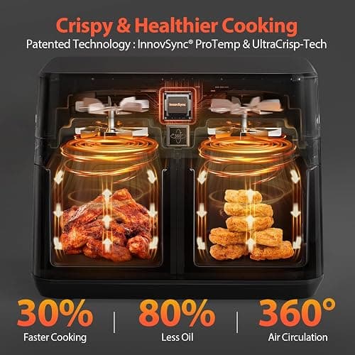 12QT Large Dual Air Fryer, 10-in-1 Double Zone Airfryer with 2×6QT Baskets, 60° Easy-Panel with Full Touchscreen, SyncCook Function, Viewing Window, Nonstick & Dishwasher Safe, 2 Dishes at Once, Black thumbnail 4