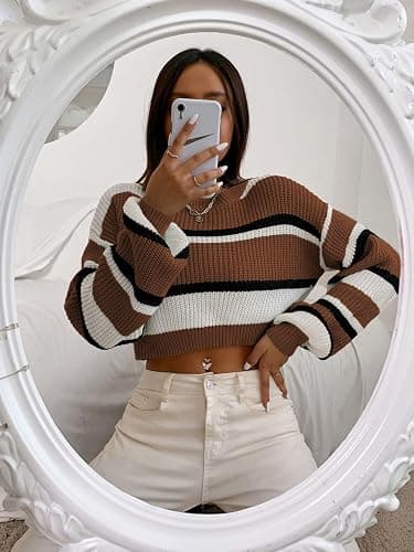 ZAFUL Women's Color Block Striped Sweater Crew Neck Lantern Sleeve Cropped Sweaters Casual Loose Knitted Tops thumbnail 4