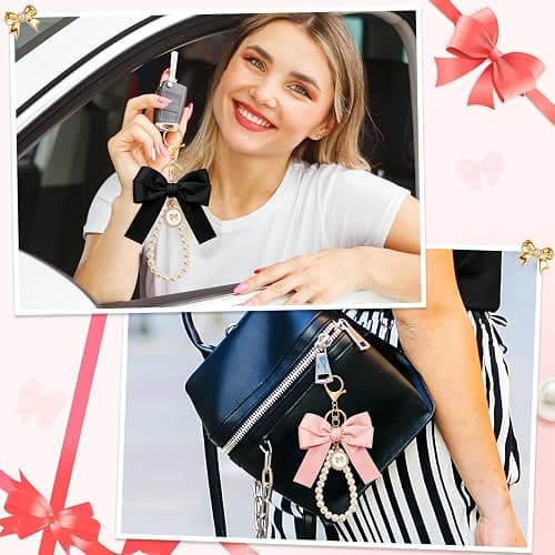 Neptniopllab Bow Keychain Pink Bow Charm Pearl Wristlet Keyring Keychain for Women Purse Bag Charm - Pink+balck-2pcs thumbnail 5