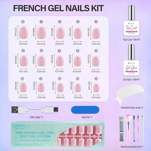 Vansiho Pink French Gel Nails Kit - Short Square French Tip Press on Nails, Nail Gel, Top Coat and Nail Lamp for Gift and Nail Art DIY thumbnail 5