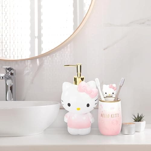 Jay Franco Hello Kitty Organizer Set - 4 Piece Pink Accessories Includes Resin Tumbler, Soap Dispenser, Soap Dish and Toothbrush Holder - Bathroom Décor thumbnail 2