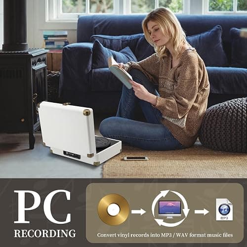 JORLAI Record Player 3 Speeds Turntable with Bluetooth Built-in Battery Stereo Speakers Vintage Record Player Belt Driven Portable Suitcase PC Recording White thumbnail 4