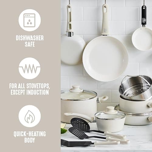 GreenLife Soft Grip 16 Piece Cookware Set, Non-Toxic PFAS-Free Ceramic Nonstick, Frying, Sauce, Saute, Utensils, Glass Lids, Stay-Cool Handles, Wobble Free, Dishwasher & Oven Safe, Cream thumbnail 5