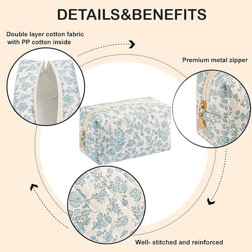 WHHJM Cute Floral Makeup Bag Small Cotton Quilted Cosmetic Bag, Aesthetic Essential Bag Emergency Bag Gift for Women Girls Travel Accessories (Blue Floral) thumbnail 5