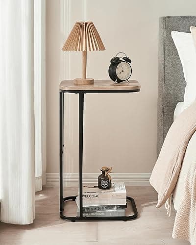 KJGKK C Shaped End Table, 27 Inches High Small Side Table for Sofa and Bed, Couch Table That Slides Under, Tall Tv Tray Table for Living Room, Bedroom, Metal Frame, Greige & Black thumbnail 7