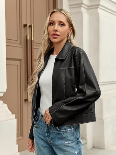 Yousify Womens Faux Leather Jacket Casual Zip Up Motorcycle Long Sleeve Collared Fall Cropped Coats with Pockets thumbnail 3