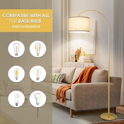 Gold Floor Lamp, Arc Floor Lamp for Living Room with Adjustable Drum Lampshade, Modern Tall Standing Lamp with On/Off Foot Switch, Over Couch Arched Reading Light for Reading, Bedroom, Office thumbnail 4