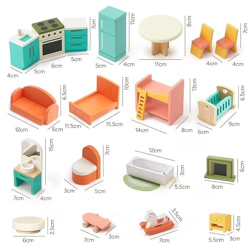 Giant bean 26 Pcs Large Wooden Dollhouse Furniture 5 Set for Kitchen, Living Room, Bedroom, Bathroom, Babyroom, Candy Dollhouse Accessories & Furniture Toy for Girls Boys Kids 3+ - Candy Dollhouse Furniture Set thumbnail 3