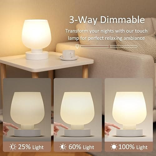 Touch Bedside Table Lamp Set of 2 - Small Bedside Lamp for Bedroom Living Room Night Stands, Desk Lamp with White Glass Shade for Small Spaces, 3 Way Dimmable, LED Bulbs, Gifts thumbnail 2